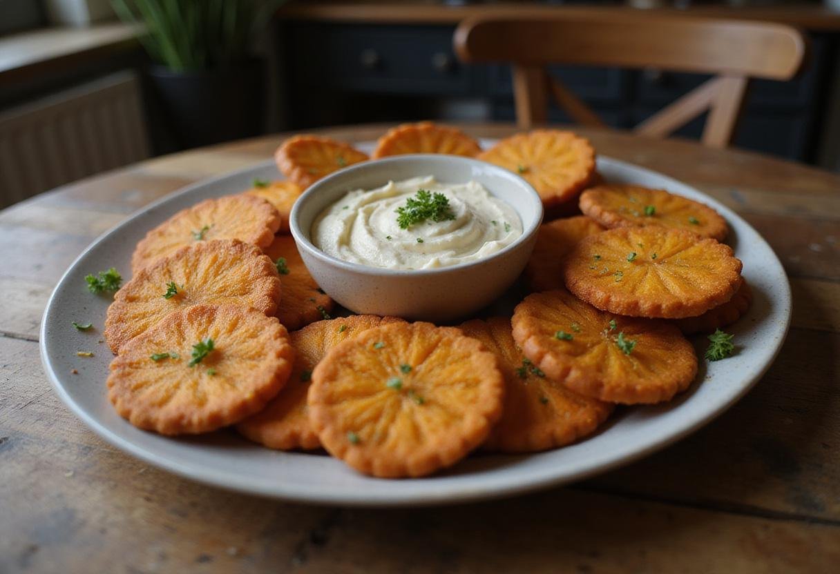 Delicious homemade sweet potato crackers served with dip, a perfect healthy snack option.