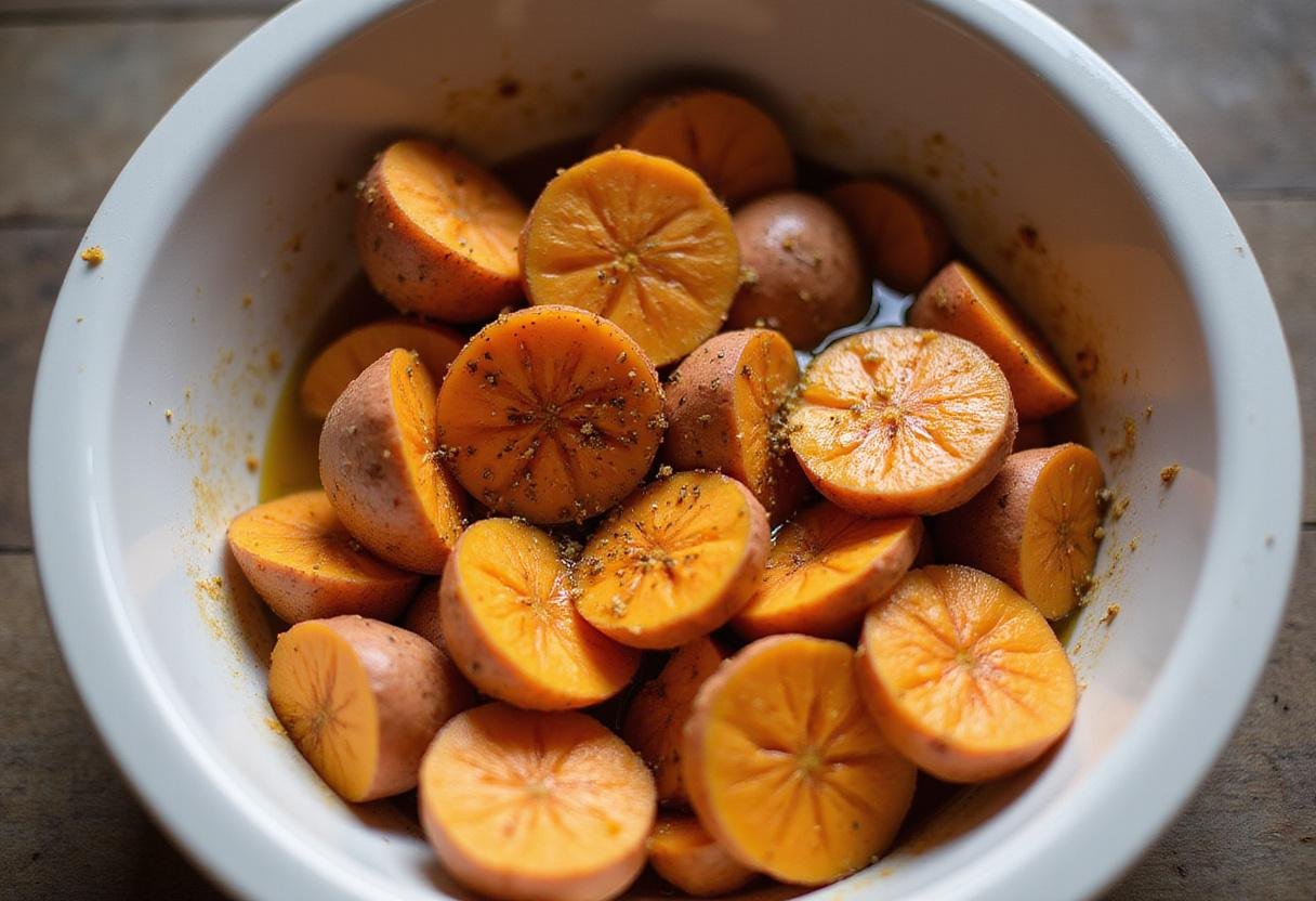 Combining sweet potatoes with olive oil and seasonings for homemade sweet potato crackers.