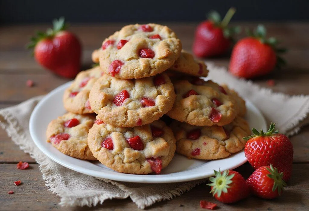 Deliciously baked sweet strawberry crunch cookies on a plate, showcasing their golden color and fresh strawberry pieces.