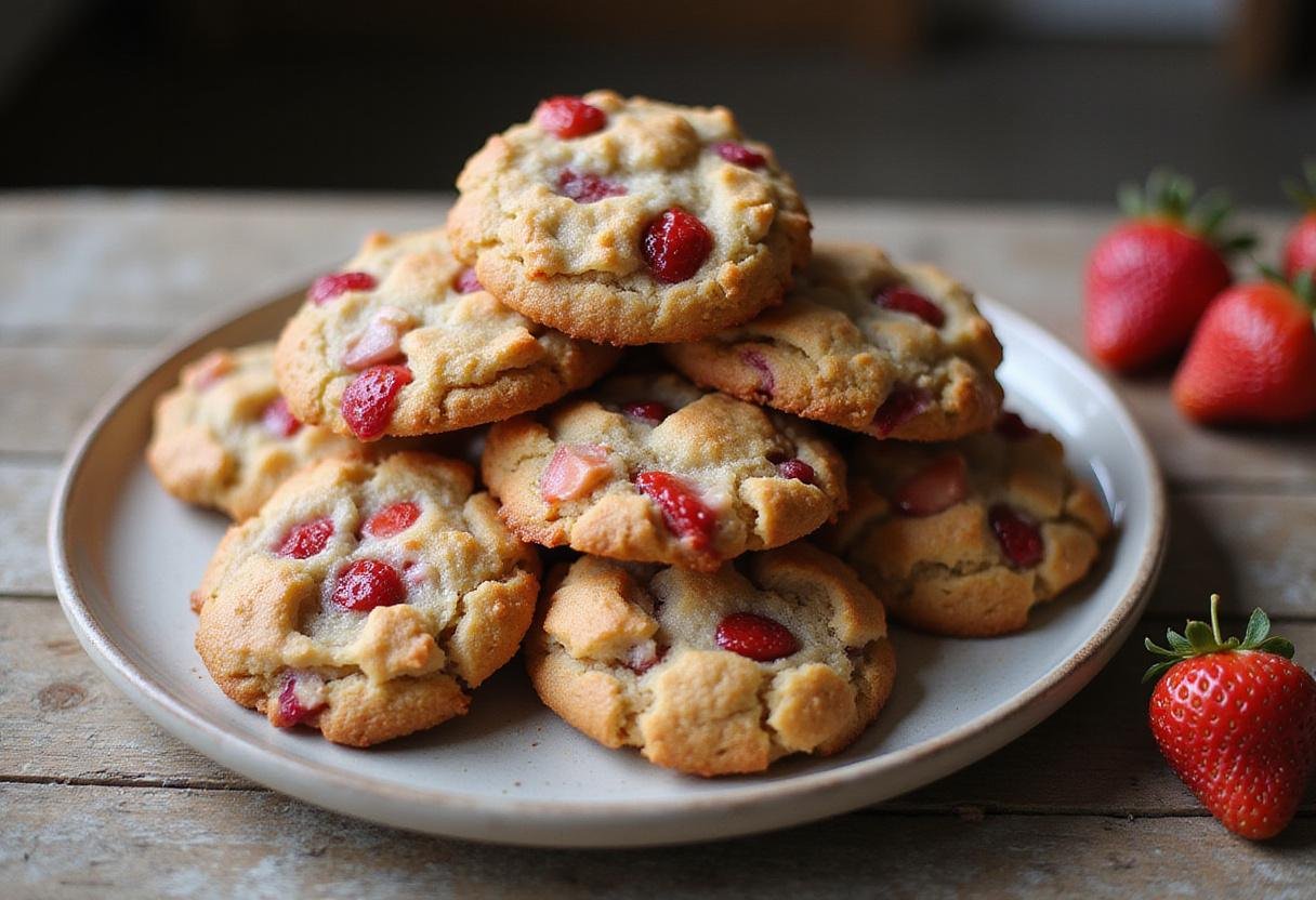 Deliciously baked sweet strawberry crunch cookies on a plate, showcasing their golden color and fresh strawberry pieces.