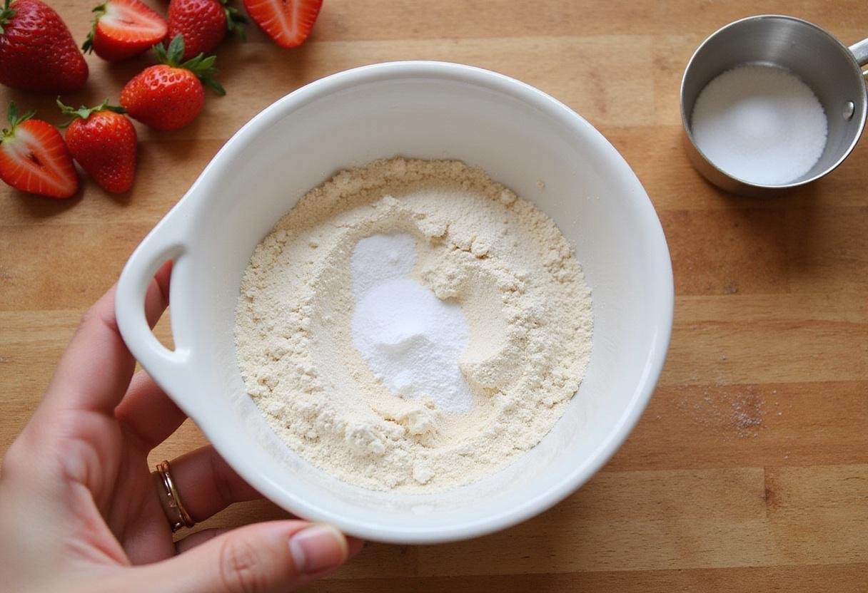 Preparation of sweet strawberry crunch cookies with flour, baking powder, and fresh strawberries ready for mixing.