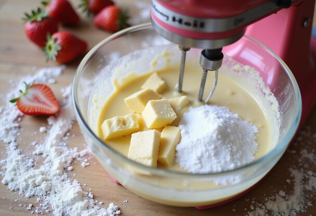 Mixing butter and sugar for delicious strawberry crunch cookies, with fresh strawberries and flour in the scene.