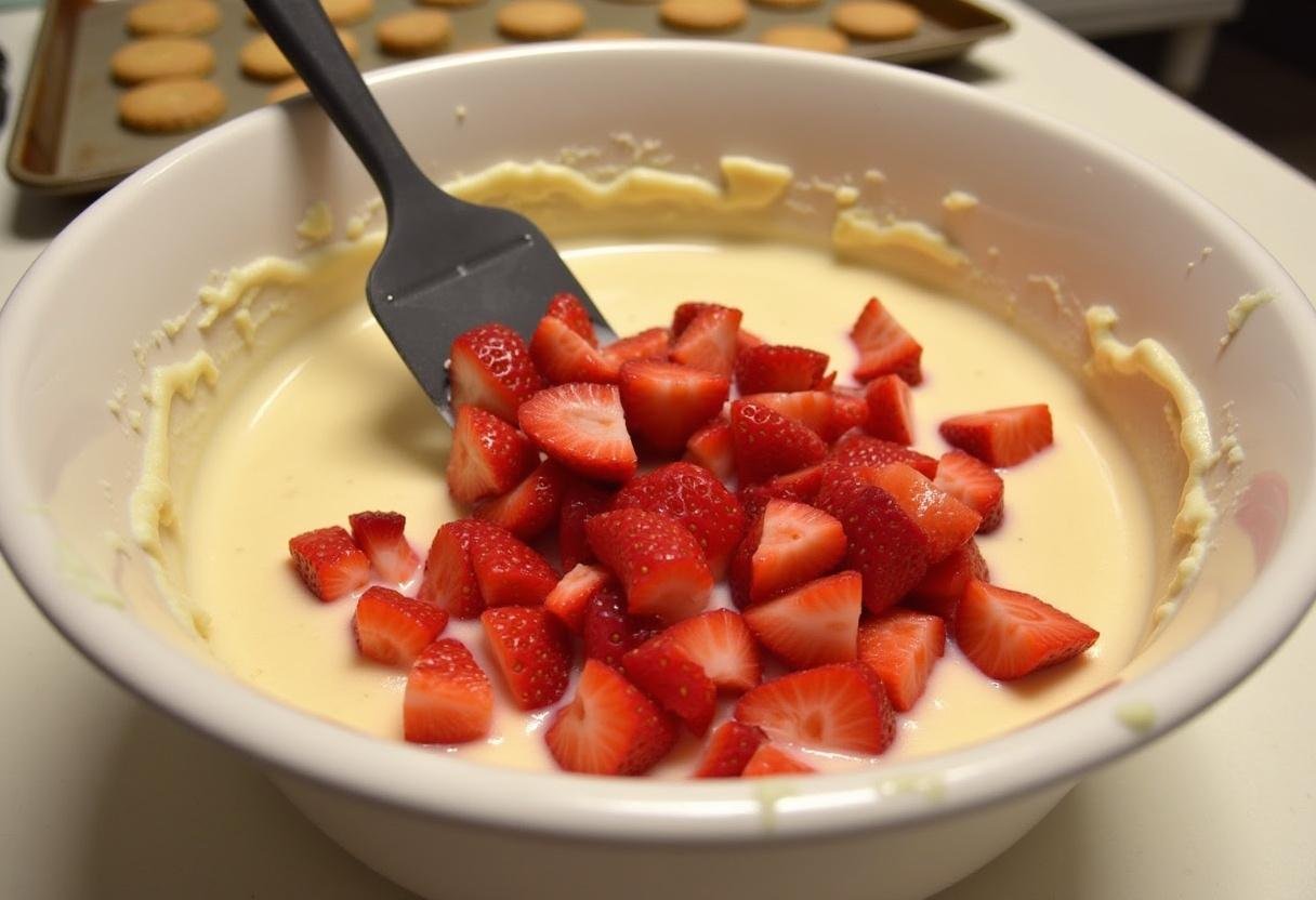 Folding diced strawberries into the cookie dough mixture for sweet strawberry crunch cookies, ready for baking.