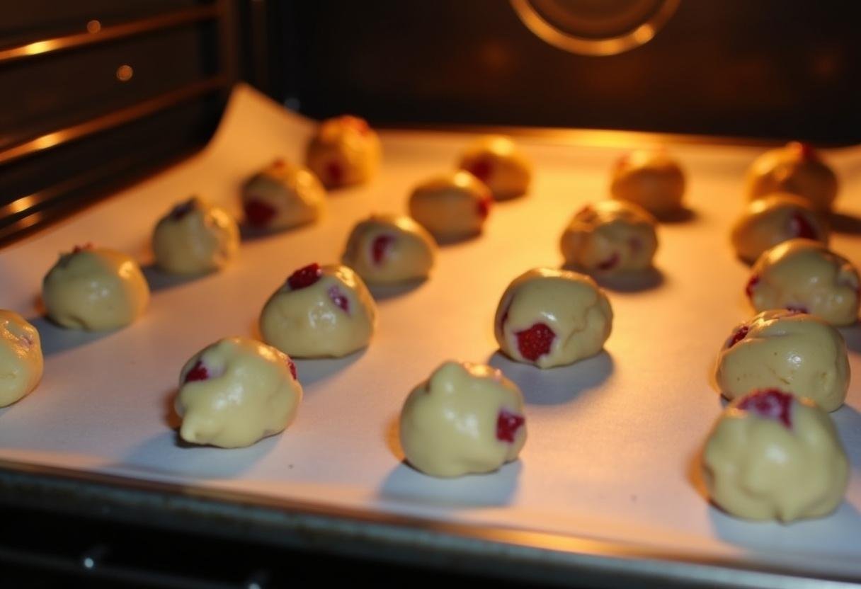 Arranging cookie dough balls on a tray for baking sweet strawberry crunch cookies, with an oven in the background.