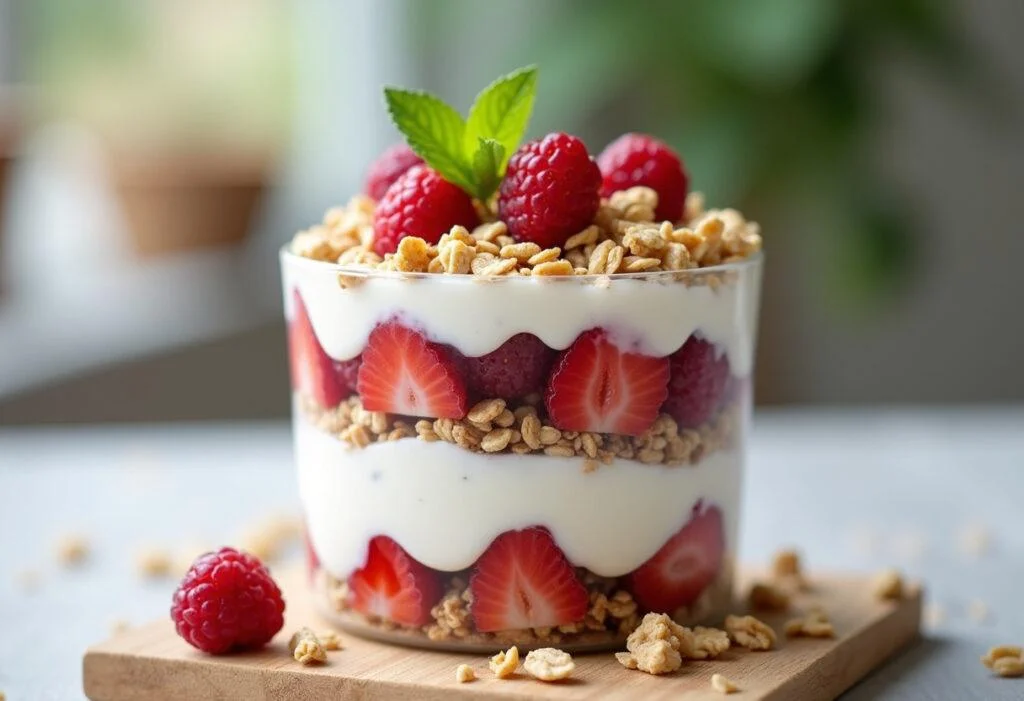 Delicious and healthy sweet sugar free yogurt parfait with vibrant layers showcased in a close-up view.