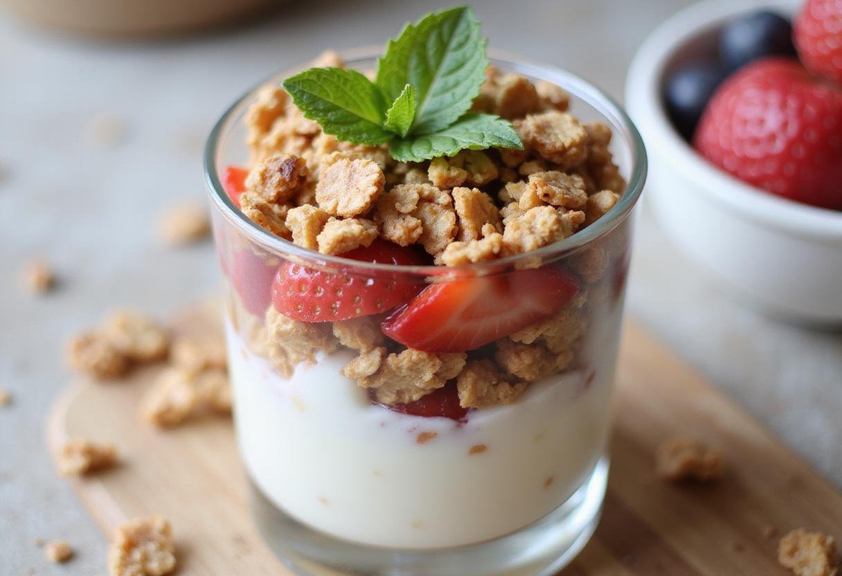 Delicious and healthy sweet sugar free yogurt parfait with vibrant layers showcased in a close-up view.