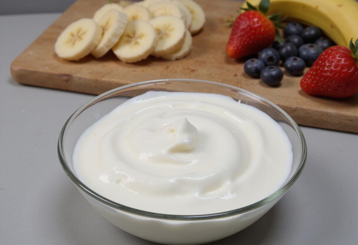 Fresh sugar free yogurt and colorful fruits arranged for making a healthy yogurt parfait.