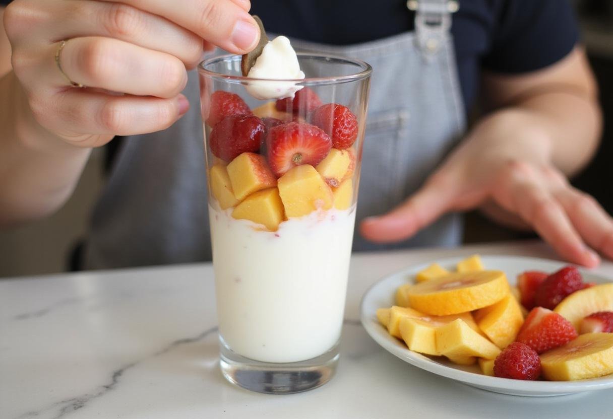 Layering sugar free yogurt with sliced fresh fruits in a parfait glass for a delicious yogurt parfait.