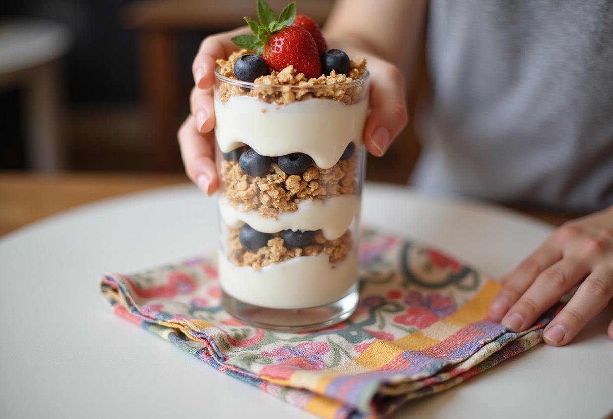 A beautifully assembled sugar free yogurt parfait, ready to be served on a dining table.
