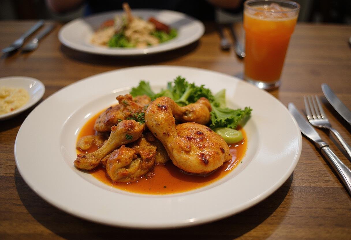 Delicious Ta Chien chicken served elegantly on a dining table, paired with vibrant sides for a fulfilling meal experience.
