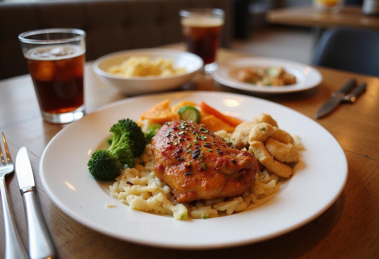 Delicious Ta Chien chicken served elegantly on a dining table, paired with vibrant sides for a fulfilling meal experience.