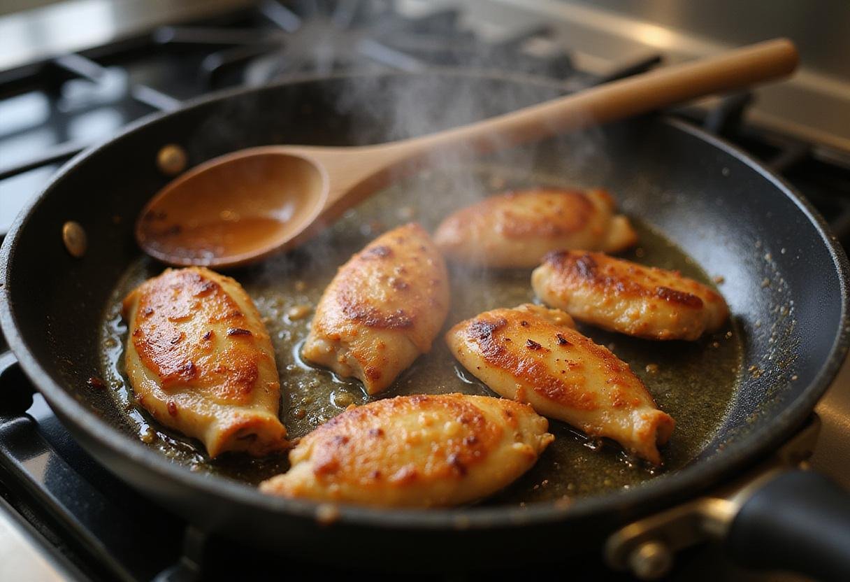 Cooking Ta Chien chicken in a skillet, featuring marinated chicken pieces sizzling to golden perfection in a lively kitchen.
