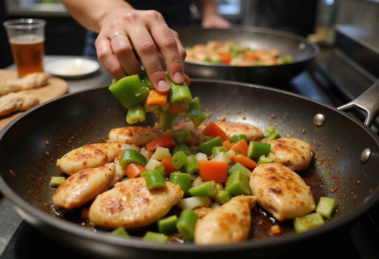 Preparing Ta Chien chicken by adding colorful vegetables to the frying pan with chicken, showcasing a dynamic cooking atmosphere.