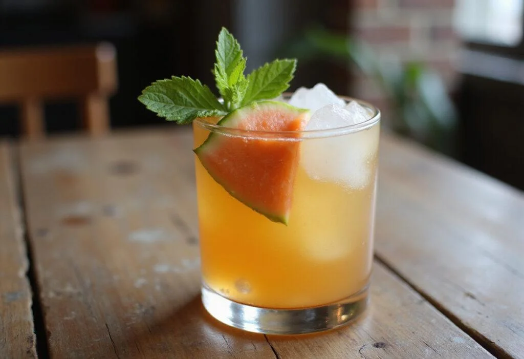 A refreshing glass of tangy pineapple guava shrub on the table, showcasing the vibrant colors and garnishes, perfect for a summer drink or cocktail.