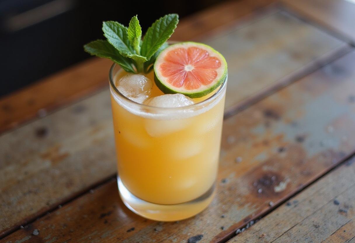 A refreshing glass of tangy pineapple guava shrub on the table, showcasing the vibrant colors and garnishes, perfect for a summer drink or cocktail.