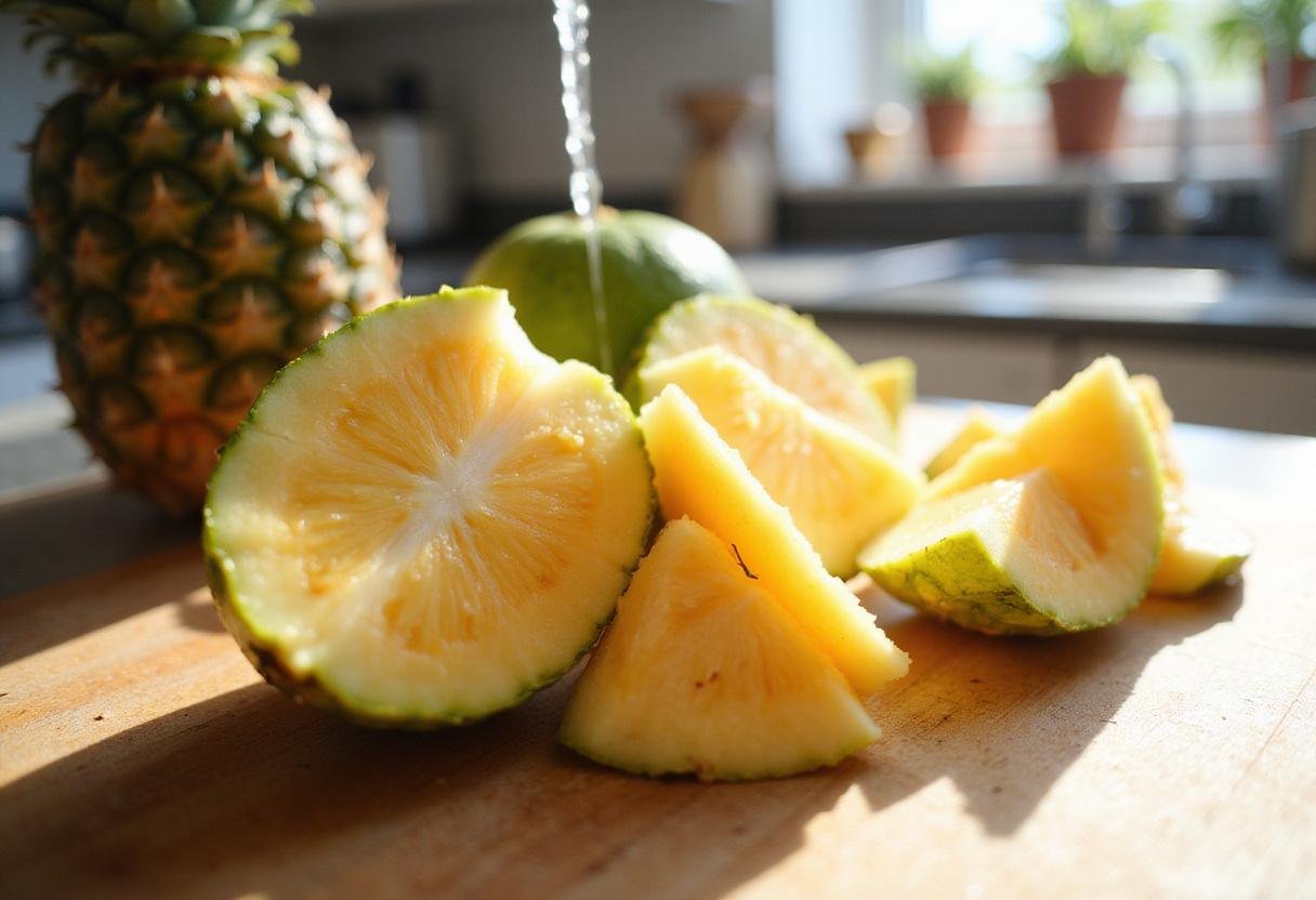Fresh pineapple guavas being prepared for a tangy shrub recipe, showcasing the vibrant colors and freshness of the ingredients.