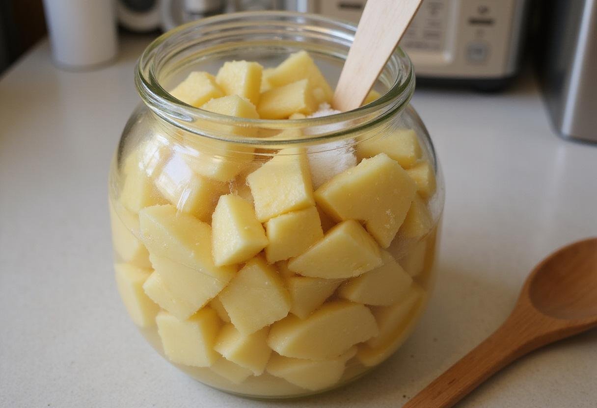 Sugar and sliced pineapple guavas in a glass jar, preparing for a tangy pineapple guava shrub infusion, emphasizing the mixture process for flavor extraction.