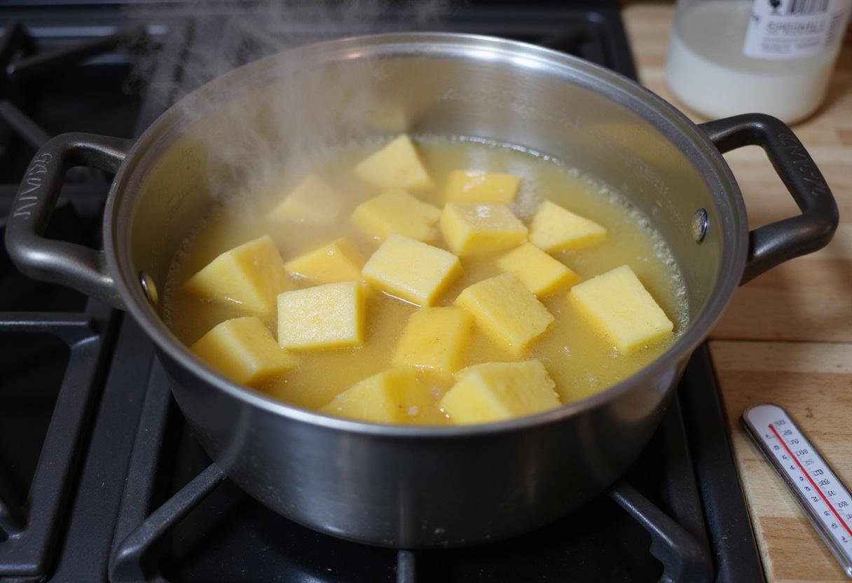 Simmering vinegar with sugar-infused pineapple guava, creating a tangy shrub essence, highlighting the cooking process of the flavorful syrup.
