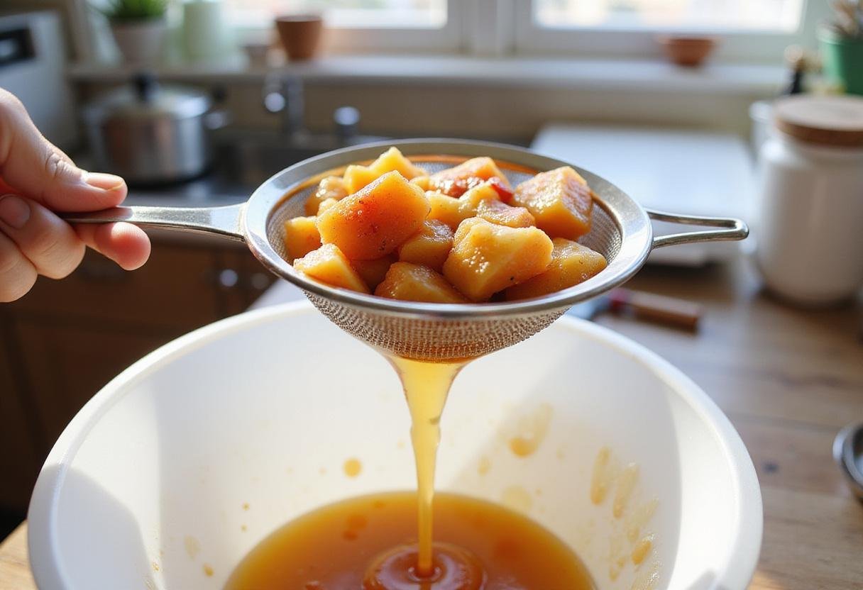 Straining the tangy pineapple guava shrub syrup, ensuring a smooth finish for the flavorful drink, demonstrating the final steps of preparation.