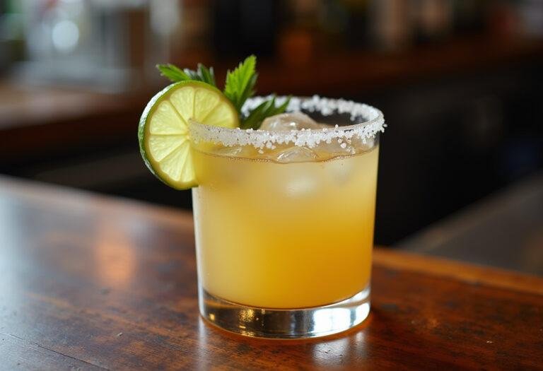Final presentation of a classic tequila sour cocktail in a rustic setting, showcasing the perfect mix of flavors.
