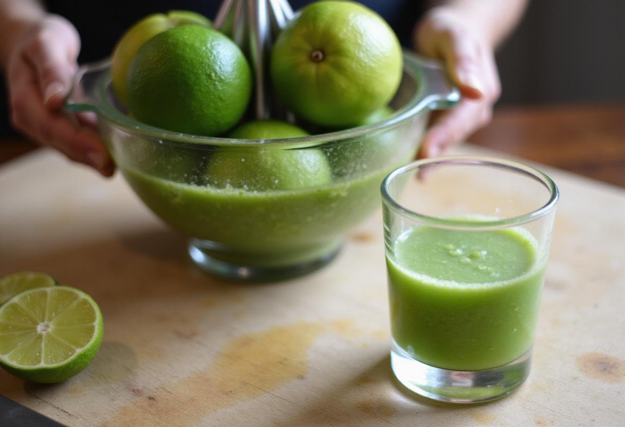 Tequila sour recipe steps highlighting freshly juiced lime for a refreshing cocktail.