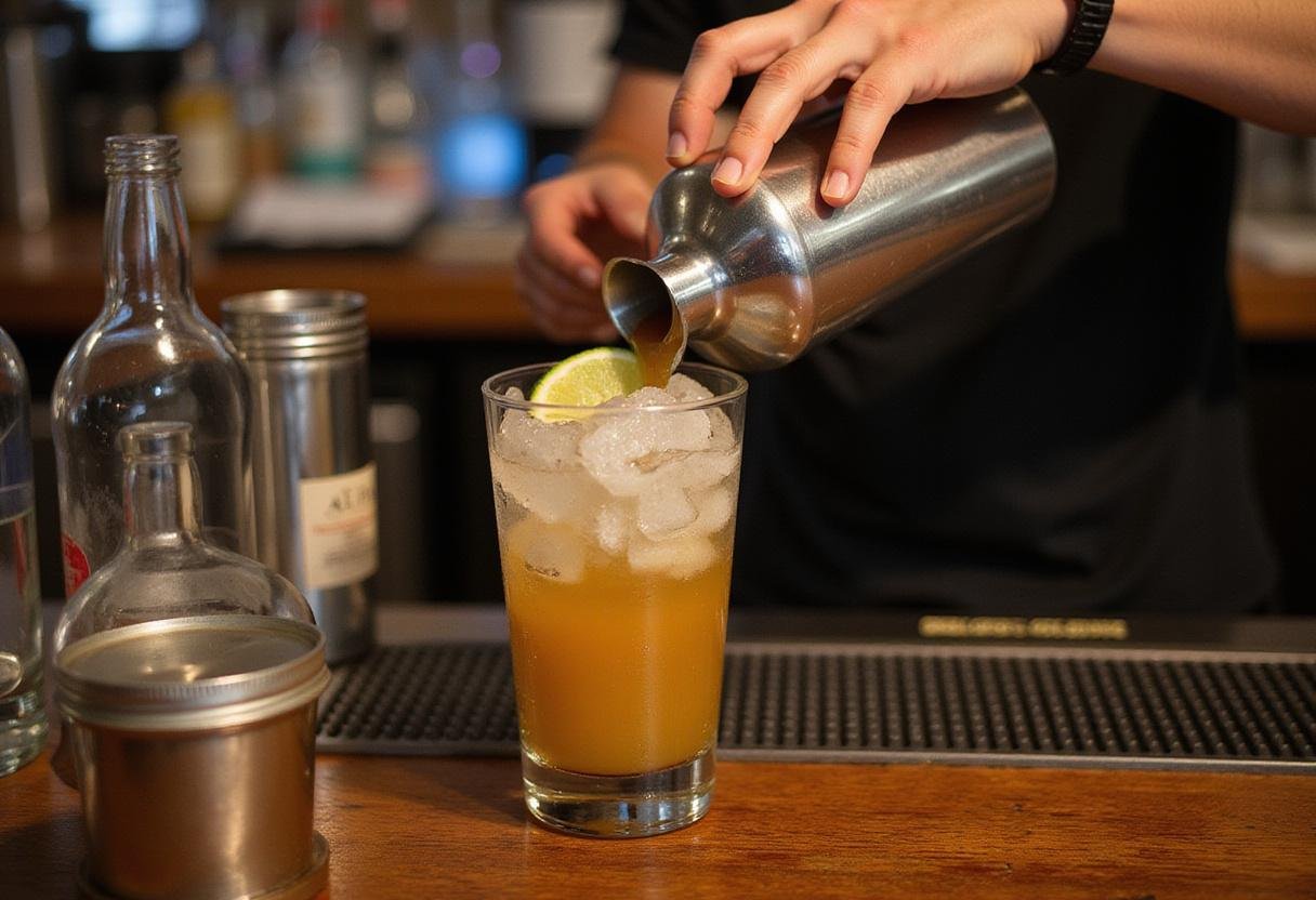 Creating a tequila sour cocktail with ingredients in a cocktail shaker for a perfect blend.