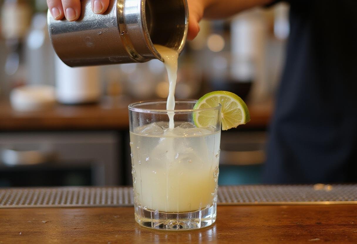 Tequila sour recipe final steps with a perfectly strained cocktail being served in a glass.