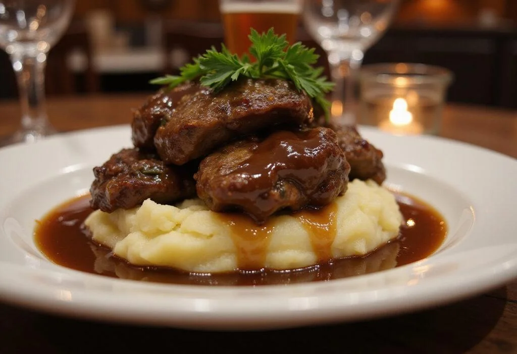 Delicious Texas Beef Tips Cowboy Plate served with mashed potatoes, capturing the essence of Texas Roadhouse cuisine.
