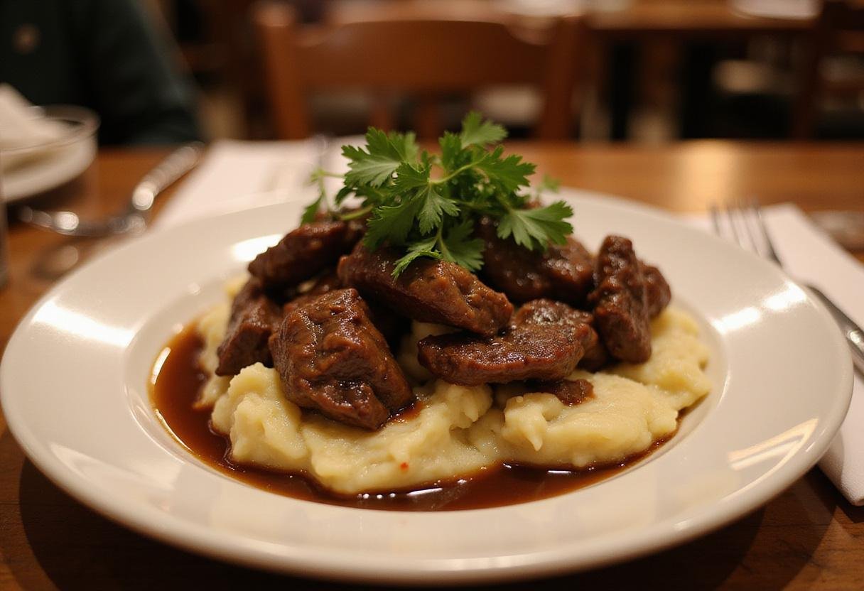 Delicious Texas Beef Tips Cowboy Plate served with mashed potatoes, capturing the essence of Texas Roadhouse cuisine.
