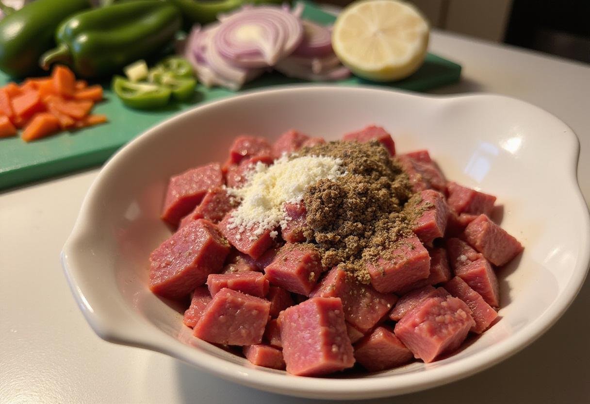 Texas Beef Tips preparation with diced seasoned beef and fresh vegetables on a cutting board, perfect for a Cowboy Plate.
