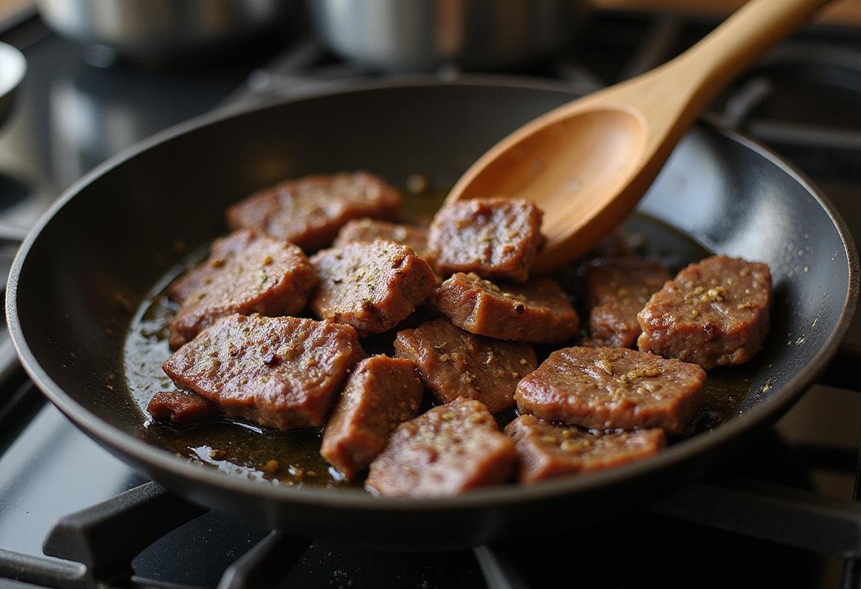 Searing Texas Roadhouse beef tips in a frying pan on the stovetop, creating a mouthwatering Cowboy Plate dish.