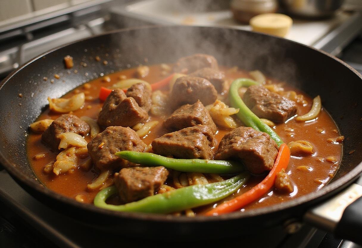 Cooking Texas Beef Tips in a skillet with sautéed vegetables, highlighting flavorful ingredients for a Cowboy Plate.