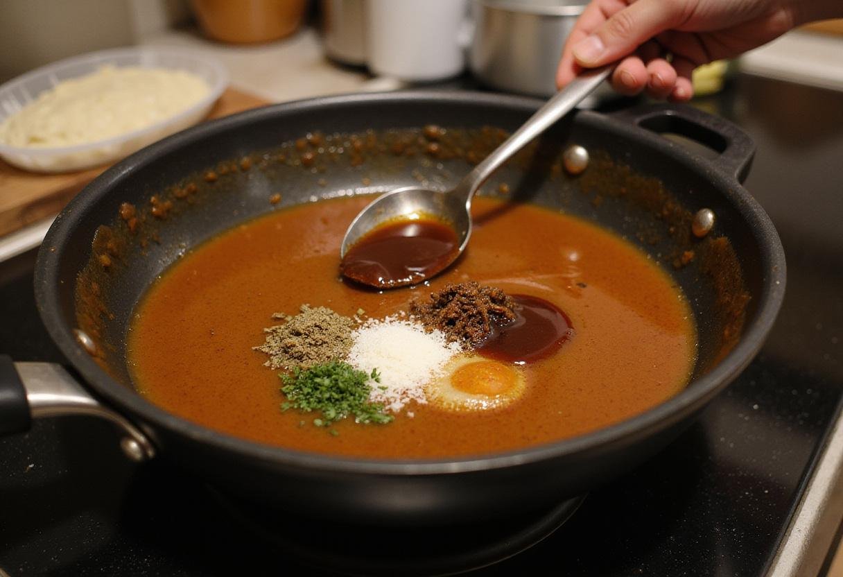 Preparing rich brown gravy for Texas Beef Tips, an essential step for the perfect Cowboy Plate meal.