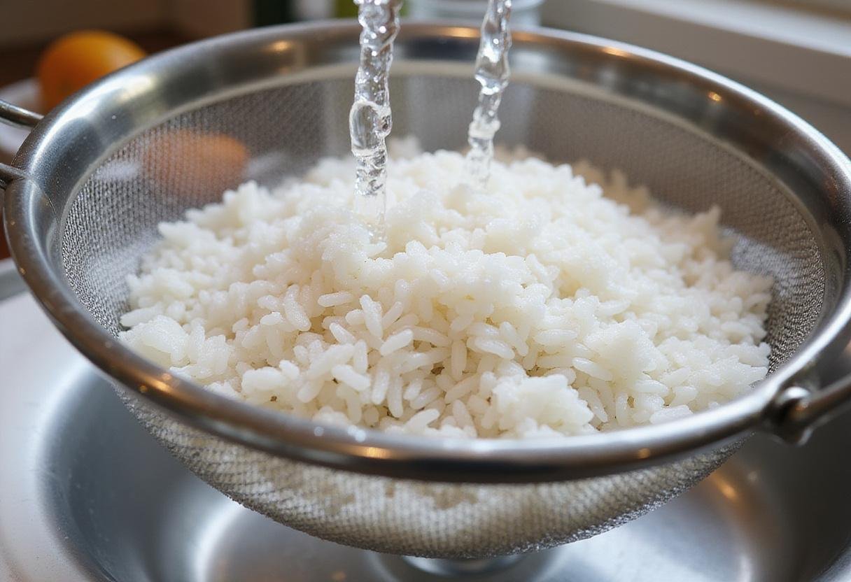 Rinsing 3 ladies jasmine rice in a strainer for clean, fluffy grains.