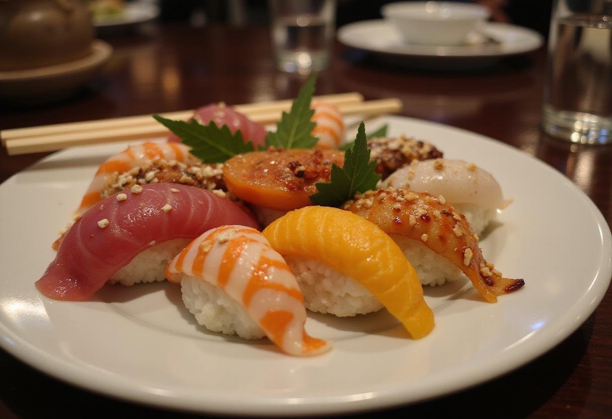 Final presentation of an exquisite Tokyo sushi menu, highlighting a stunning array of sushi in an upscale dining environment.