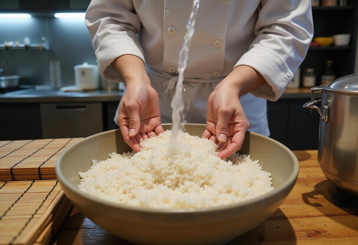Authentic Tokyo sushi menu preparation with sushi rice washing process in a professional kitchen.