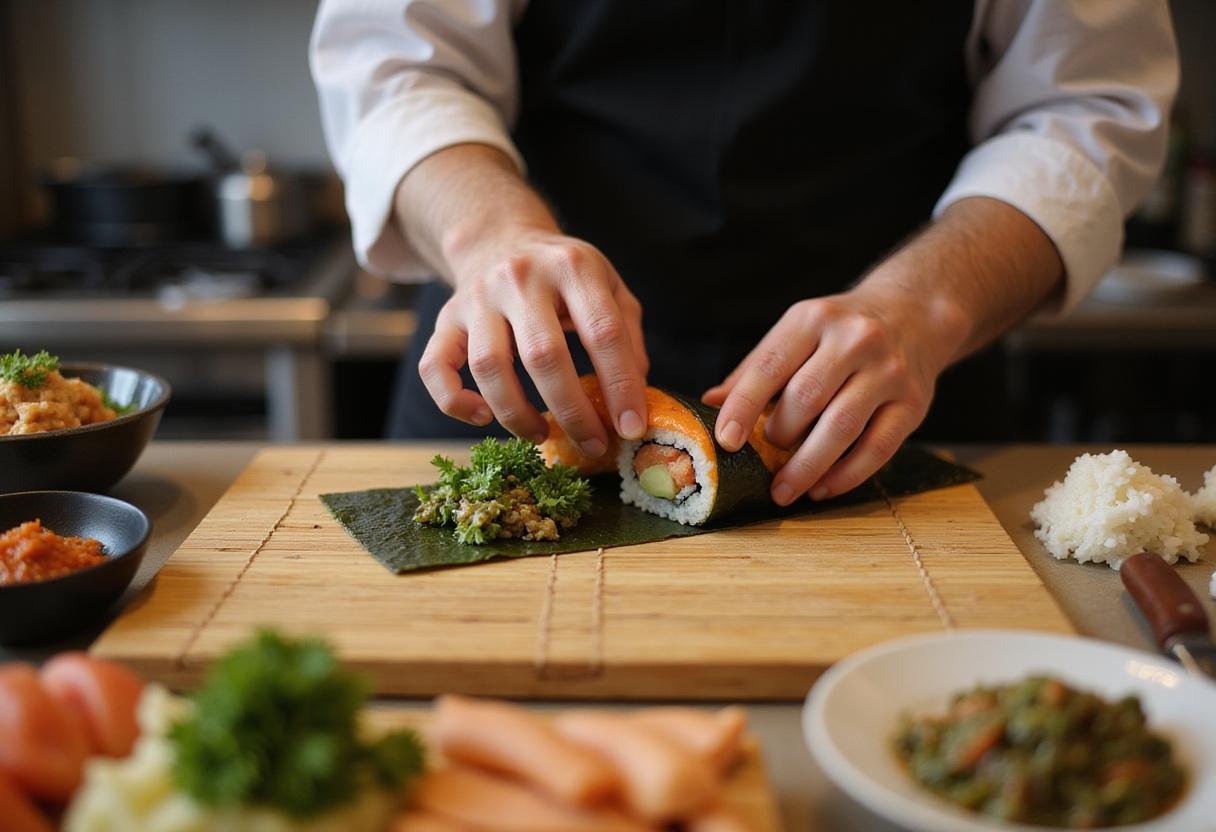 Crafting sushi rolls for an authentic Tokyo sushi menu, demonstrating traditional rolling techniques in a vibrant kitchen.