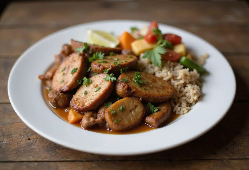 Plated turkey gizzards dish with rice and vegetables, representing the delicious outcome of a turkey gizzard recipe.