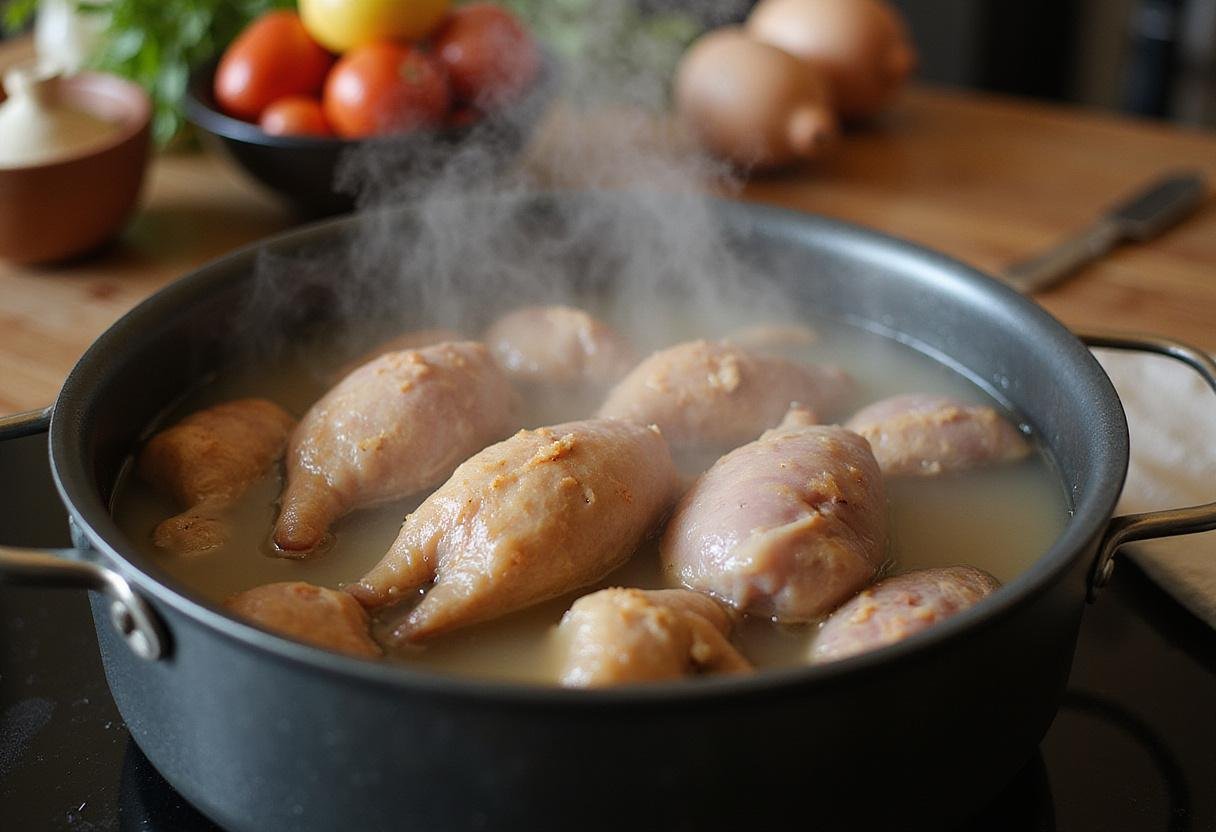Boiling turkey gizzards in a pot, highlighting the cooking process and preparation for turkey gizzard recipes.