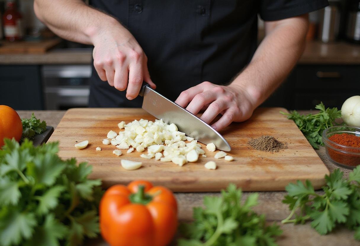 Chopping garlic and onions for turkey gizzard, showcasing essential ingredients used in turkey gizzards recipes.