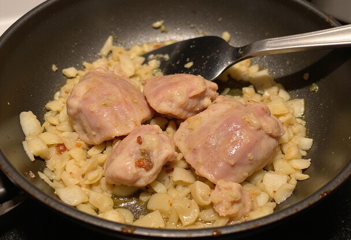 Sautéing onions and garlic for turkey gizzards, capturing the savory essence of turkey gizzard cooking.