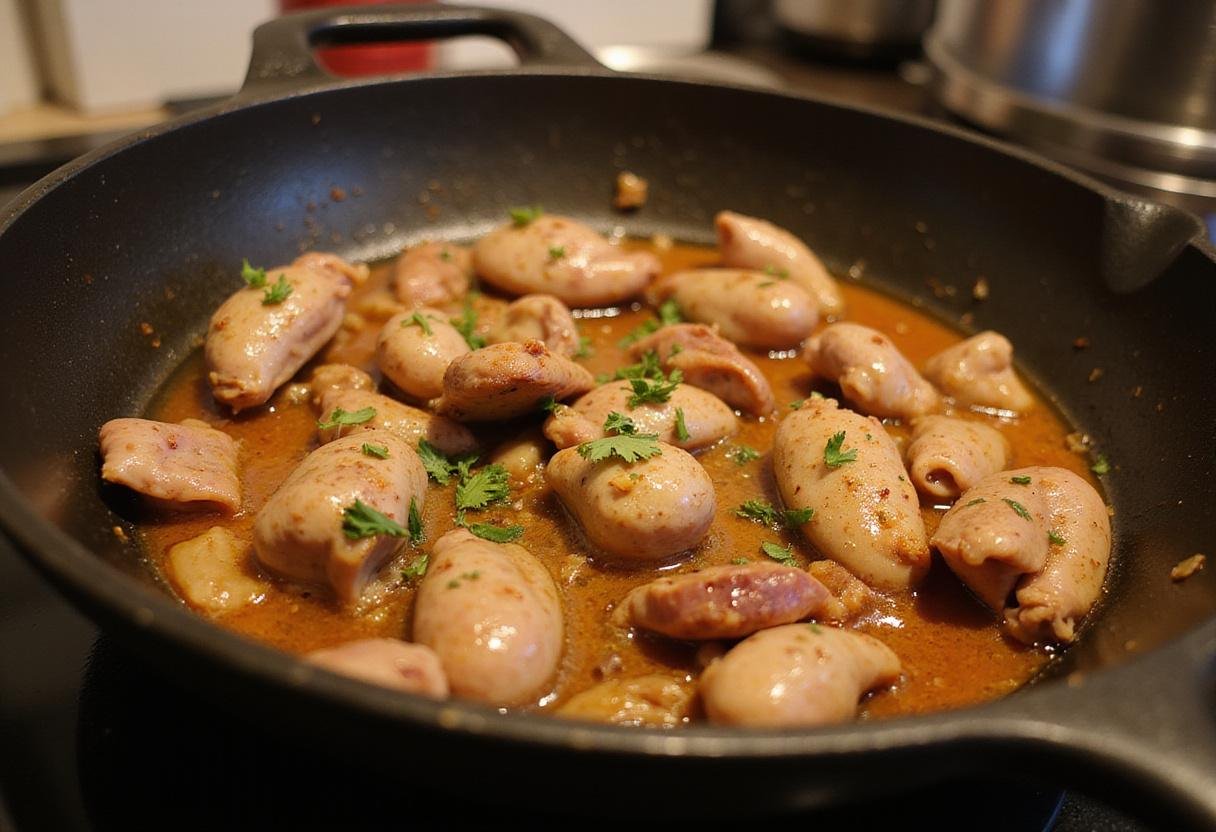 Simmering turkey gizzards with spices in a skillet, emphasizing the final steps of a turkey gizzard recipe.