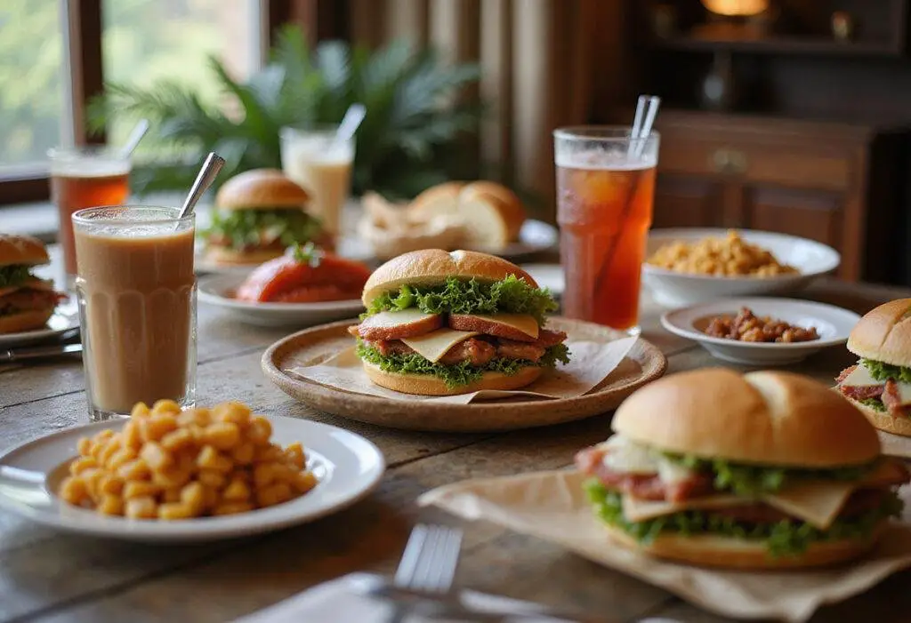 A Turkey Tom sandwich feast displayed on a dining table, featuring multiple sandwiches and sides, perfect for entertaining and enjoying.