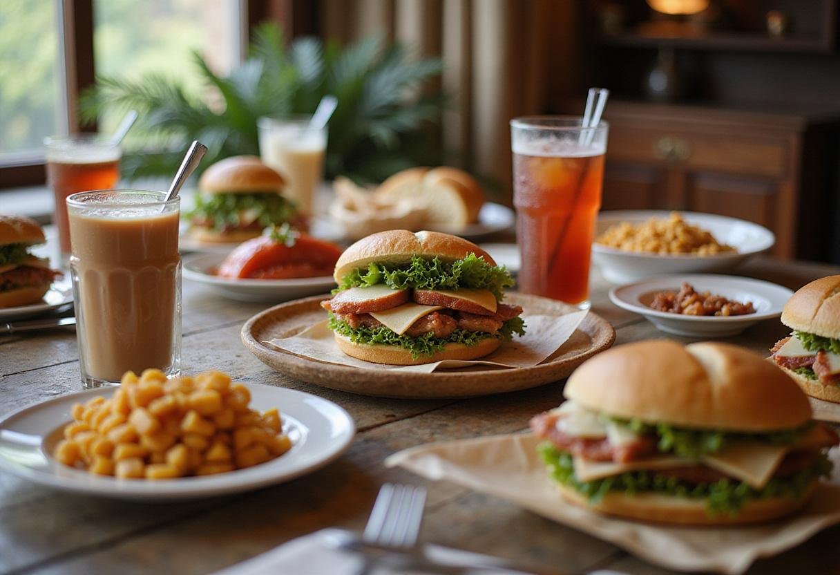 A Turkey Tom sandwich feast displayed on a dining table, featuring multiple sandwiches and sides, perfect for entertaining and enjoying.