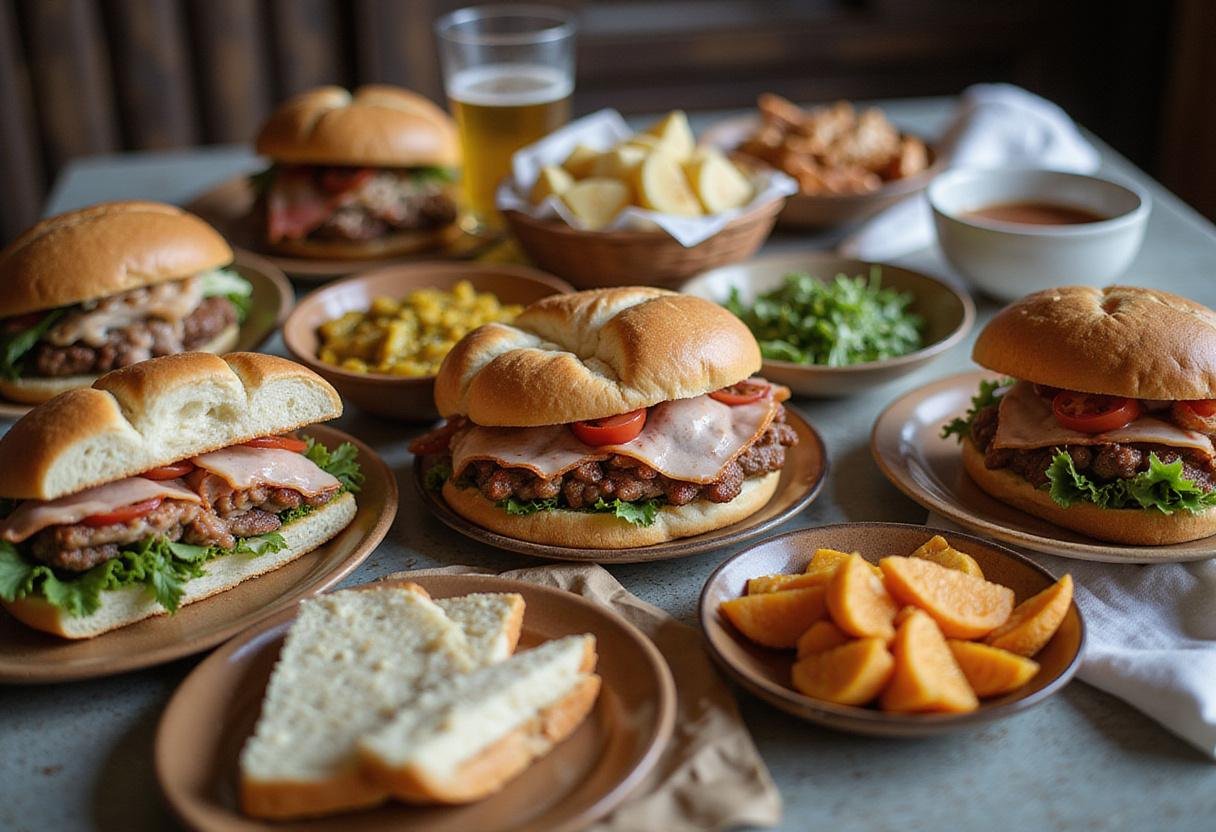 A Turkey Tom sandwich feast displayed on a dining table, featuring multiple sandwiches and sides, perfect for entertaining and enjoying.