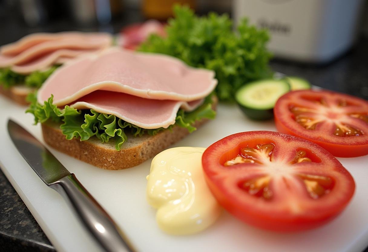 Fresh ingredients for a Turkey Tom sandwich, including turkey, lettuce, tomato, and mayonnaise, showcasing a healthy sandwich preparation.