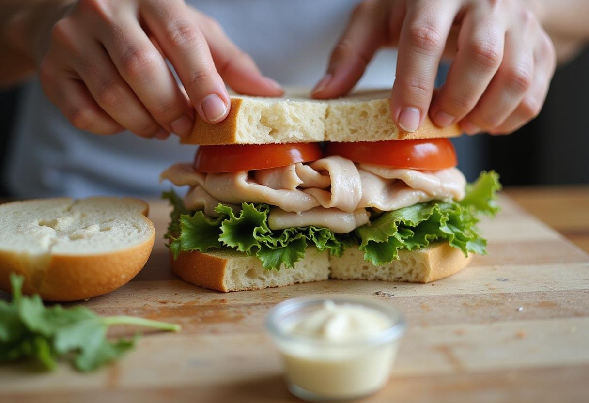 Assembling a Turkey Tom sandwich with layers of turkey, lettuce, and tomato, emphasizing the delicious ingredients and fresh bread.