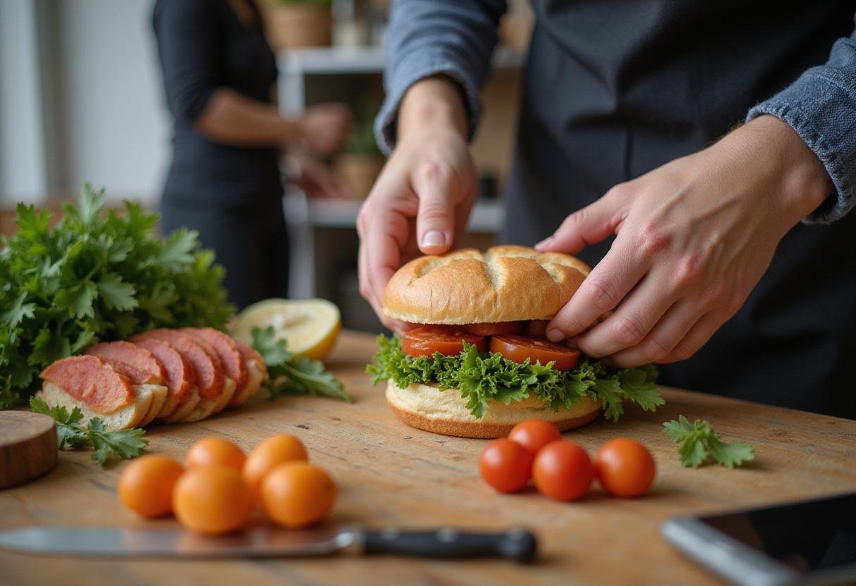 A person assembling a Turkey Tom sandwich, showcasing the vibrant layers and fresh ingredients on a rustic wooden table.