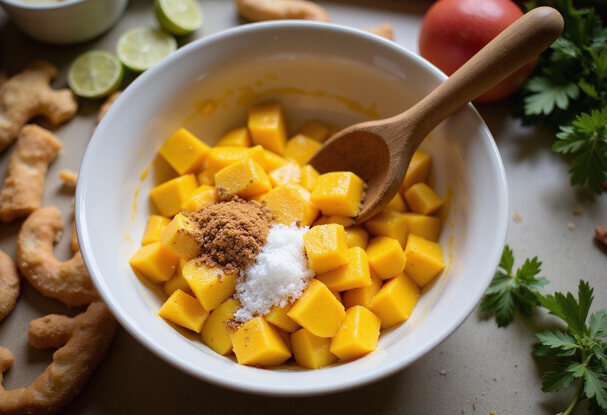 Preparation of Ugadi Pachadi with mango and jaggery, highlighting the delicious Ugadi Pachadi recipe ingredients.