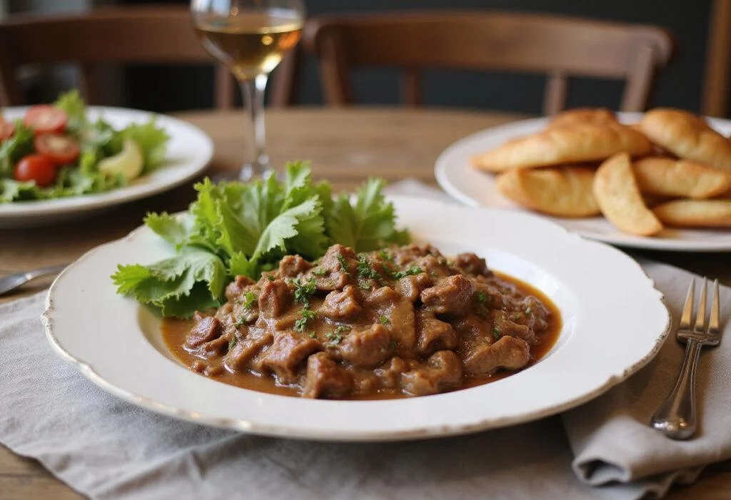 Complete vegan beef stroganoff feast with pasta and salad, perfect for a delicious plant-based meal.
